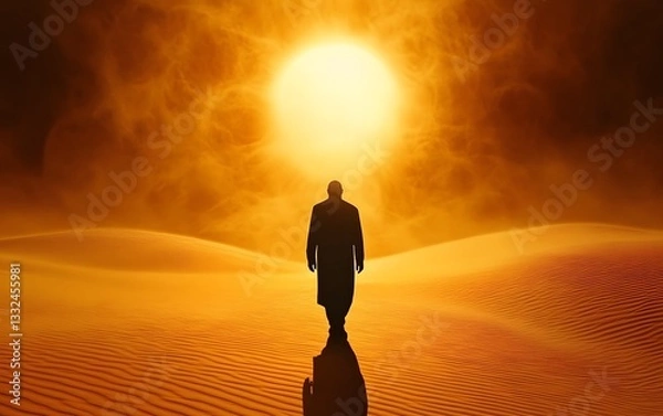 Fototapeta Solitary Journey: A lone figure traverses a vast, sun-drenched desert landscape, his silhouette a testament to resilience and introspection.