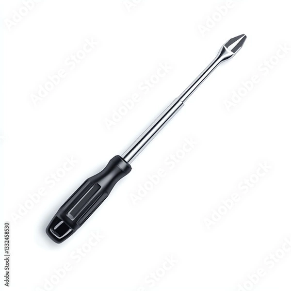 Fototapeta A sleek, stainless steel screwdriver with a comfortable black handle on a white isolated background.