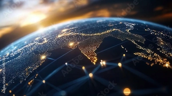Fototapeta An expansive view of Earth at night showcasing a vast network of lights and infrastructure that highlight the technological and interconnected nature of our global society