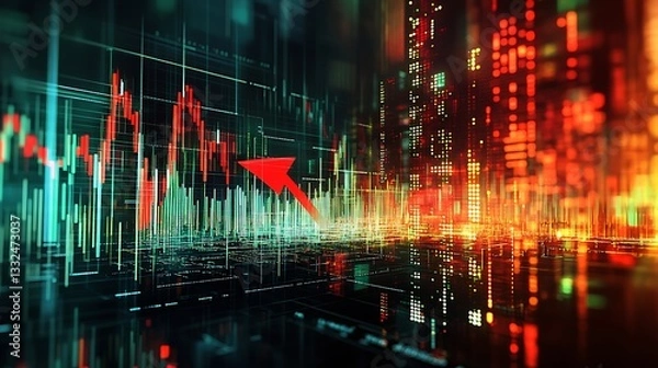 Fototapeta Aviation Industry Decline on Stock Market Graph, A digital stock market graph with a downward trend and a red airplane icon