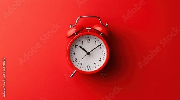 Obraz Minimalist red alarm clock on a solid-colored background, flat lay