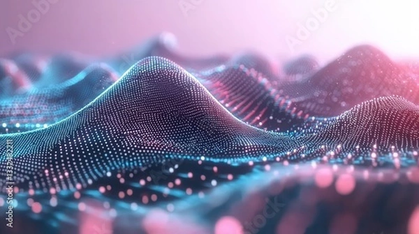 Fototapeta An abstract digital landscape featuring dynamic high speed waves of vibrant pink and blue neon particles flowing and pulsing with a mesmerizing futuristic energy