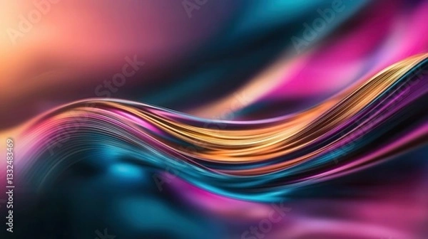 Obraz Striking abstract composition featuring dynamic glowing neon wave lines in a captivating blend of gold pink and blue hues creating a visually striking and energetic digital artwork