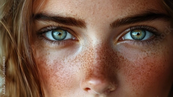 Obraz Close-up of young caucasian female with blue eyes and freckles