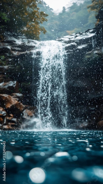 Fototapeta serene waterfall cascading into tranquil pool, surrounded by nature beauty