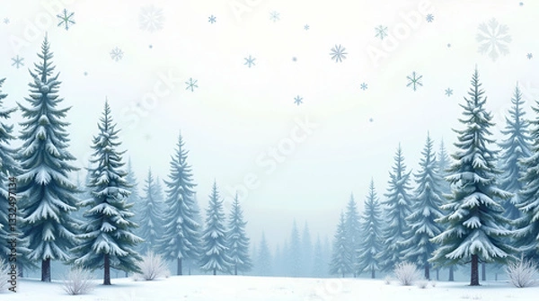 Fototapeta Classic Winter Trees Pattern: Tall Pines, Frosted Branches & Snowflakes