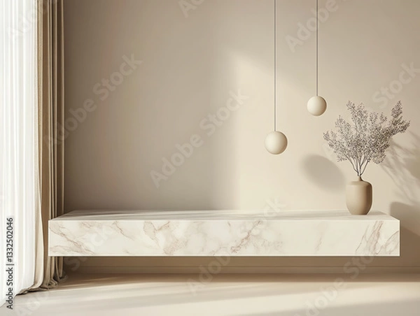 Obraz Minimalist interior design with a marble shelf and decor.