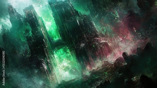 Fototapeta Abstract image featuring a fantasy landscape with tall structures and energy