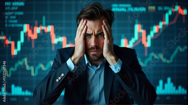 Obraz Business failure and unemployment problems from the economic crisis. Stressed businessman sits in panic digital stock market financial background. Stock market and global economic inflation recession.