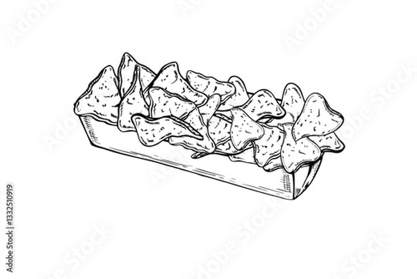 Obraz Triangle corn nachos chips in rectangle disposable cardboard tray vector line art black ink sketch. Monochrome hand drawn crunchy snack in paper package. Fast food illustration for menu design.