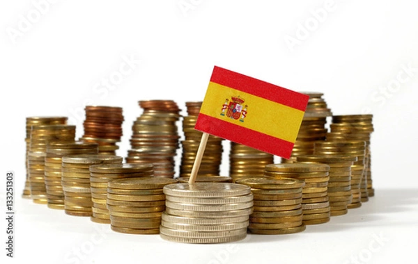 Obraz Spain flag waving with stack of money coins