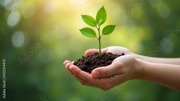 Fototapeta Child's Hand Holding a Small Tree: A Symbol of Environmental Responsibility and Love for Nature on Earth Day - Nurturing Our Planet for a Greener Future | Stock Photo Concept with Space for Text