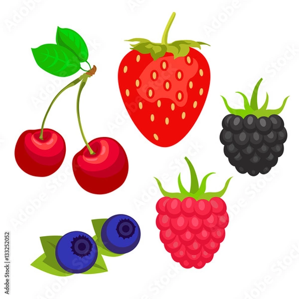 Fototapeta Sweet berries isolated on white background. Vector icons set. Illustration with strawberry, cherry, raspberry, blackberry and blueberry