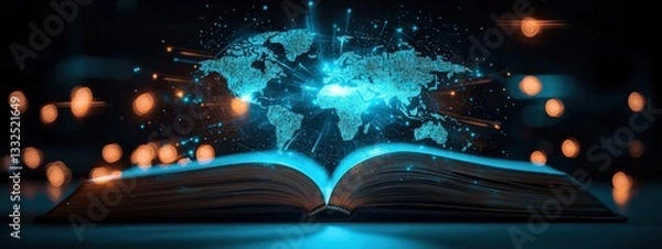 Fototapeta An open book projecting a holographic map of the world.