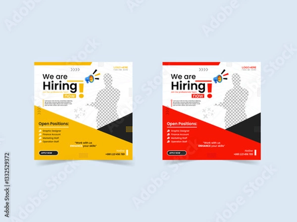 Fototapeta We are hiring job vacancy social media post template. Hiring square social media web banner design. Poster for we are hiring. employees needed. Social media template job vacancy recruitment.