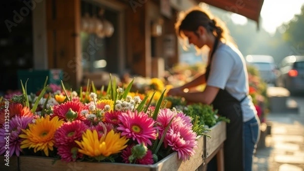 Fototapeta Woman is working at a flower stand, arranging flowers in a wooden crate. The flowers are colorful and vibrant, creating a cheerful