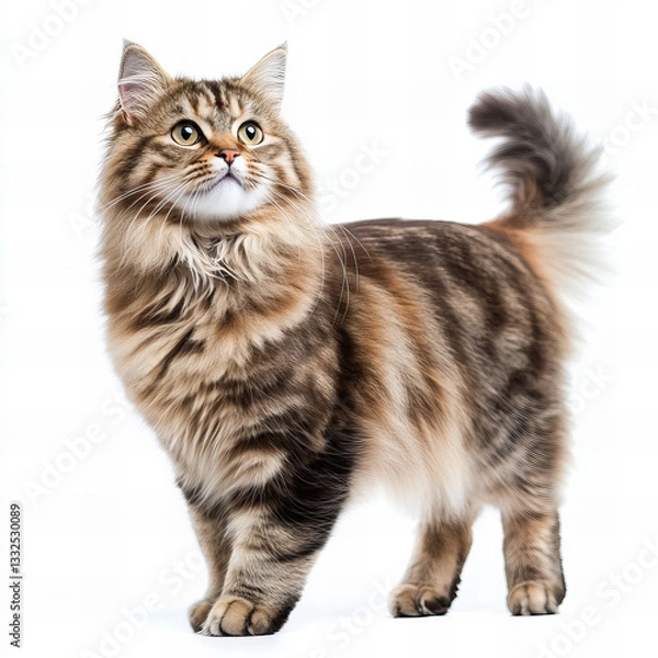 Fototapeta Beautiful Siberian cat with thick fluffy fur and bushy tail standing against a white background, gazing curiously with bright expressive eyes, ideal for pet lovers and feline themed designs.