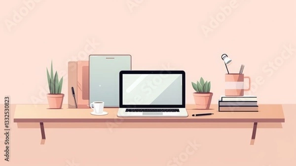 Obraz Minimalist flat design workspace illustration. A clean and modern digital workspace with a laptop, coffee, and office supplies in a pastel color palette