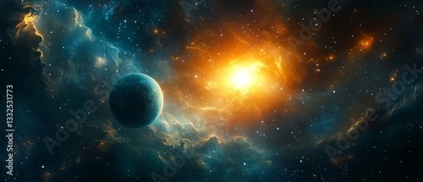 Fototapeta A planet is in the foreground of a picture of a starry sky