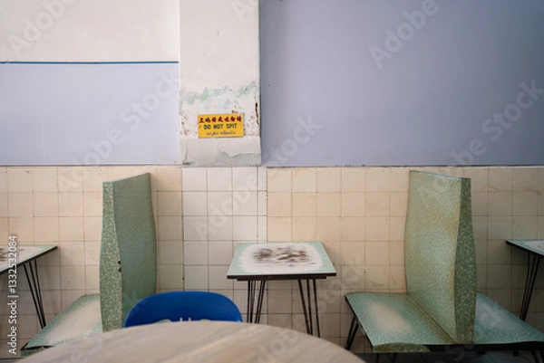 Fototapeta Traditional hong kong style coffee shop (cha chaan teng) table and back-to-back chairs.