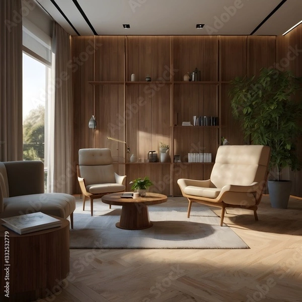 Fototapeta A hyper-realistic AI-generated interior design of a psychologist's consultation room. Two chairs, warm lighting, and minimalist decor create a professional yet calming atmosphere.