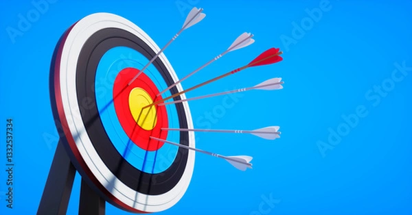 Fototapeta Archery target with hits by several arrows in the sun against a clear blue sky - 3D illustration