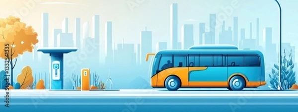 Fototapeta Modern Electric Bus at Charging Station in Urban Landscape Scene