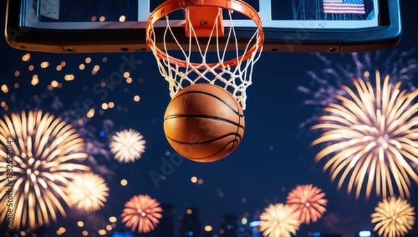 Fototapeta A basketball cascading through a hoop set against a backdrop of vibrant fireworks illuminating the night sky, creating a festive atmosphere