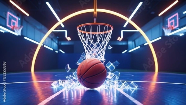 Fototapeta Dynamic basketball scene with a glowing hoop and a ball creating a splash effect upon impact on the court
