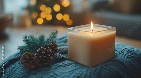 Fototapeta Lit candle with pinecones and greenery on a blue knitted blanket, bokeh background