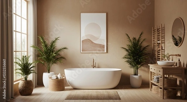 Fototapeta Serene Minimalist Bathroom Design with Neutral Tones and Lush Greenery
