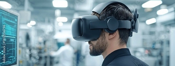 Fototapeta Young Man Using Virtual Reality Headset in Modern Laboratory Setting