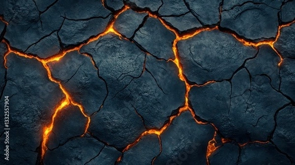 Obraz Molten lava flowing through cracked earth.  Intense heat radiating from fissures