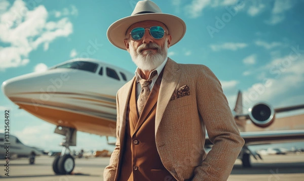 Fototapeta stylish elderly man in luxurious outfit standing with private jet in background, concept of wealth, success, and high-class lifestyle for advertising, editorial, or branding