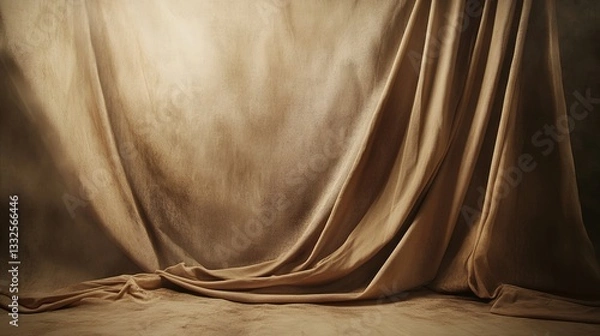 Fototapeta A large, curtain-like beige fabric hangs on the wall of an empty room. The light from above illuminates it slightly and creates beautiful shadows on its surface. 