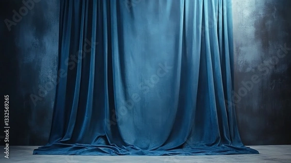 Fototapeta A blue curtain backdrop with soft lighting, set against an empty dark gray wall.