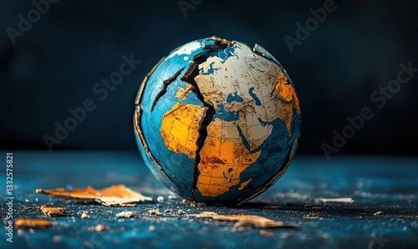 Fototapeta Cracked globe highlights division and conflict driven by tariffs and sanctions, contrasting vibrant colors with dark surroundings