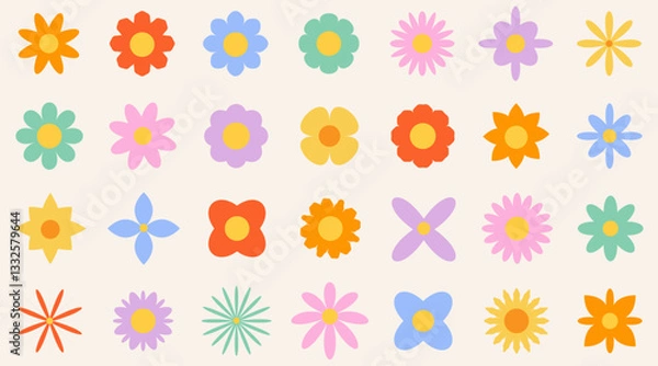 Fototapeta Set of colorful abstract flowers. Retro geometric spring flowers. Groovy simple flowers set. For greting card, poster, banner, social media.