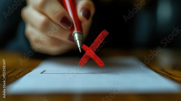 Fototapeta Person writing on a piece of paper with a cross mark indicating a failed quality assurance report and evaluation