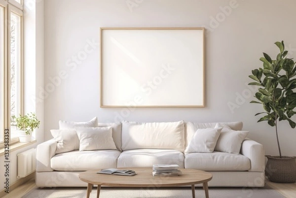 Fototapeta Showcase Your Art Living Room with Blank Canvas Frame Mockup for Display