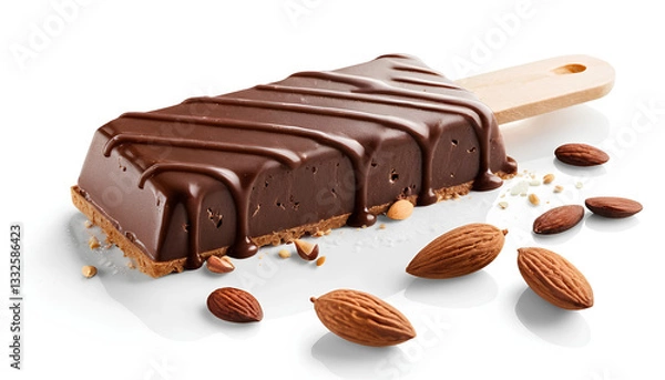 Fototapeta Chocolate ice cream bar with almonds broken off piece smooth glossy dark brown chocolate coating. Visible white ice cream inside. Almonds scattered decoratively over chocolate.