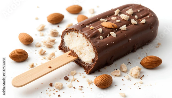 Fototapeta Chocolate ice cream bar with almonds broken off piece smooth glossy dark brown chocolate coating. Visible white ice cream inside. Almonds scattered decoratively over chocolate.