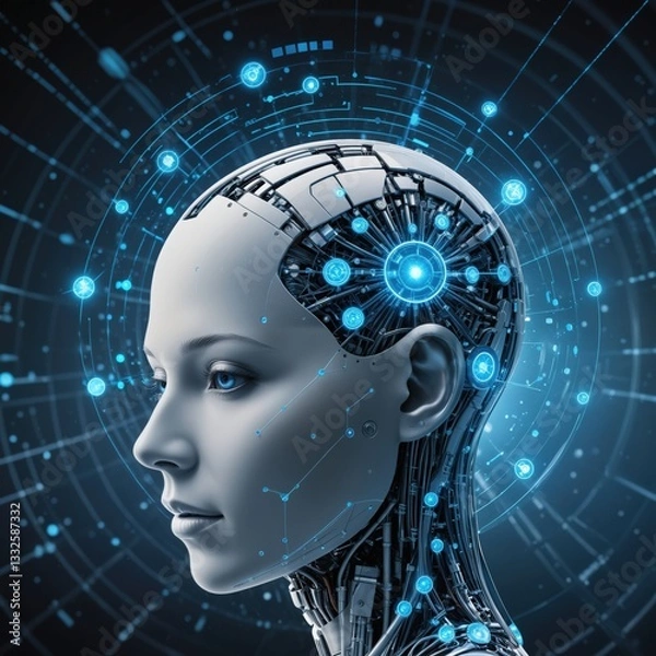 Obraz Highly advanced humanoid robot's face and digital circuitry