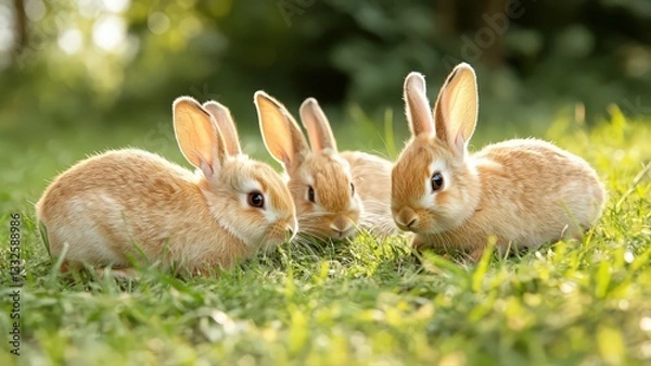 Fototapeta Three Brown Rabbits in a Sunny Green Field