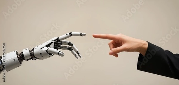 Obraz Image of a robot hand giving the finger to a person's hand