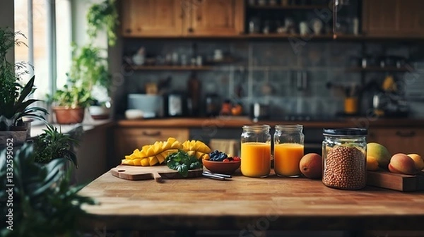 Obraz Healthy eating themes tropical fruits mango smoothie juice and fruit in drinking glass and jar on wooden table in rustic kitchen