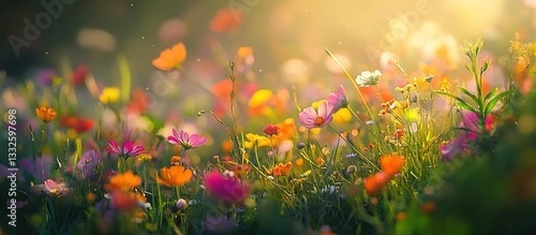 Fototapeta A vibrant meadow of wildflowers bathed in the soft glow of sunrise, with petals gently swaying under the warm sunlight.