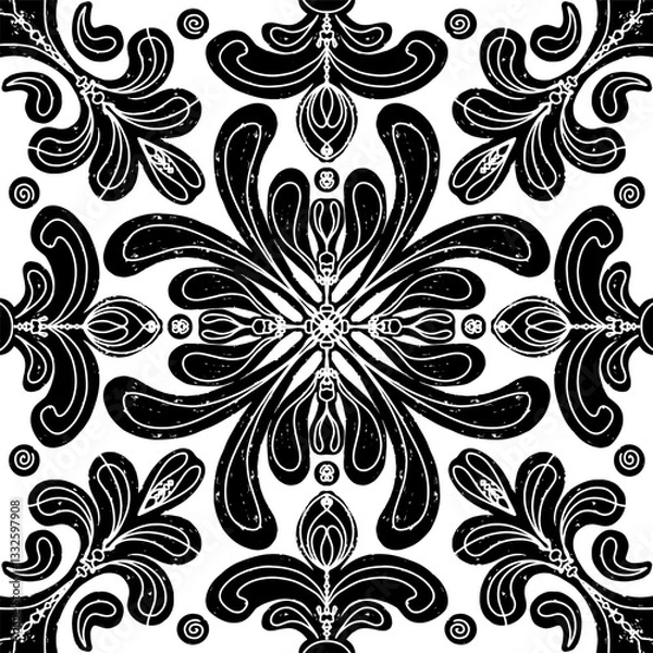 Fototapeta Intricate black pattern with symmetrical ornamental pattern in linocut style. Grunge texture tile shape. vector element