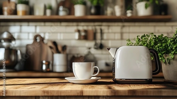 Obraz Luxury still life of a coffee cup toaster and kettle in a kitchen