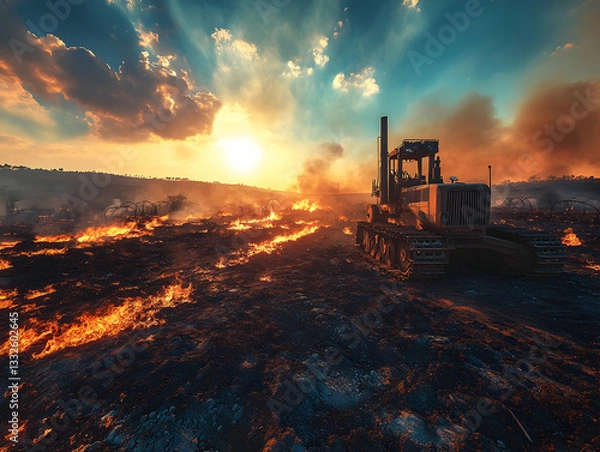 Obraz Tractor battling wildfire at sunset